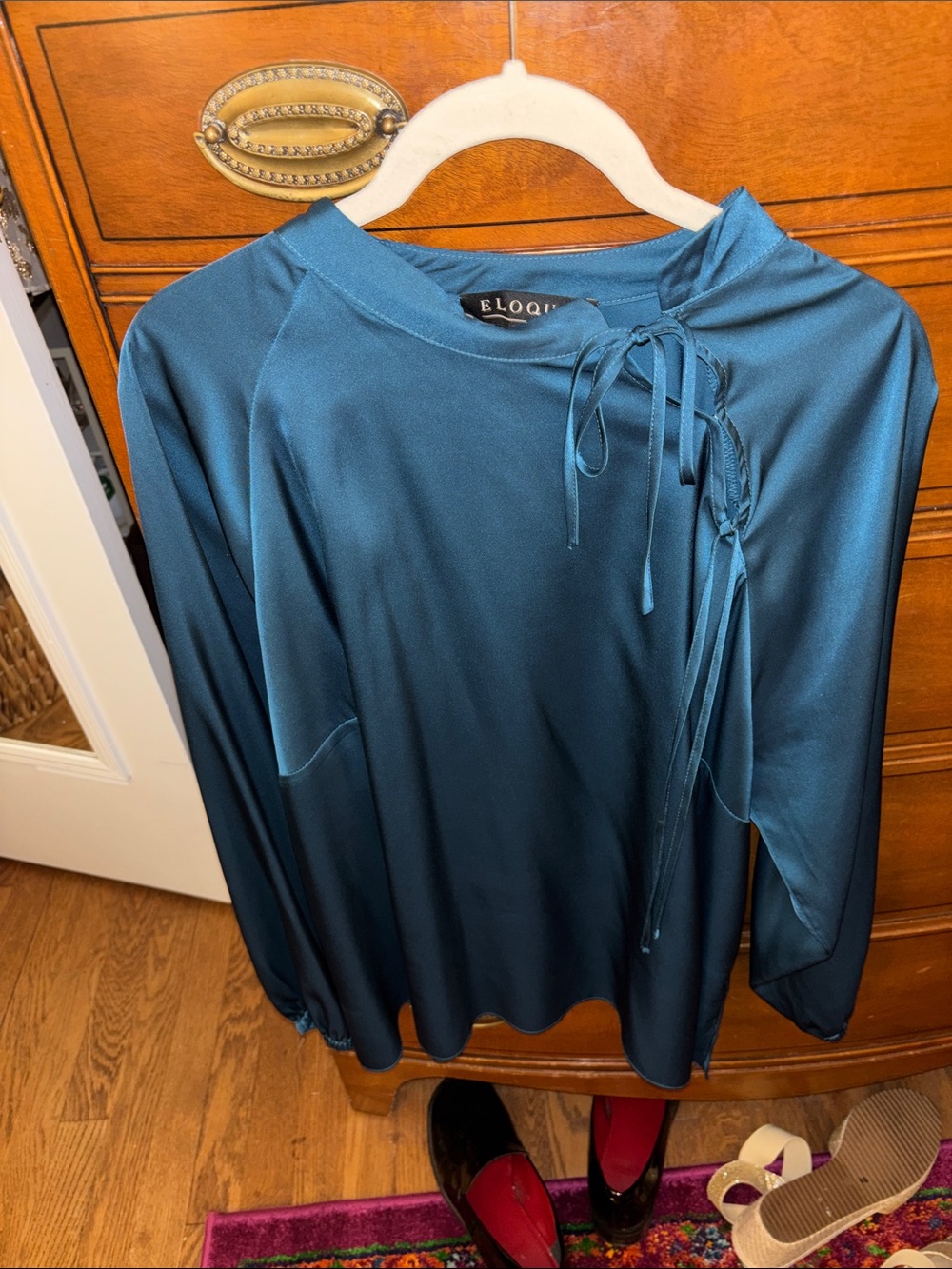 Eloquii Teal Satin Tie-Detail Blouse